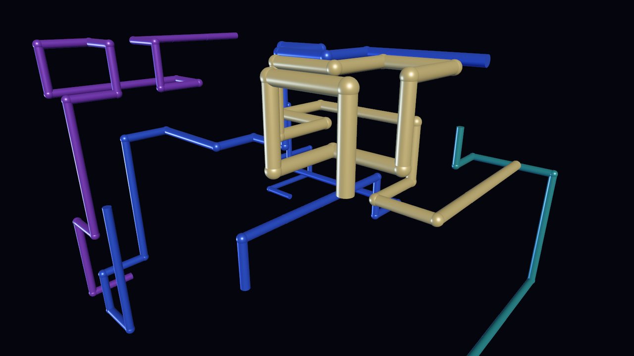 A 3D pipes screensaver rendered on a black background: tan, blue, purple and teal pipes with rounded elbow joints growing through space.