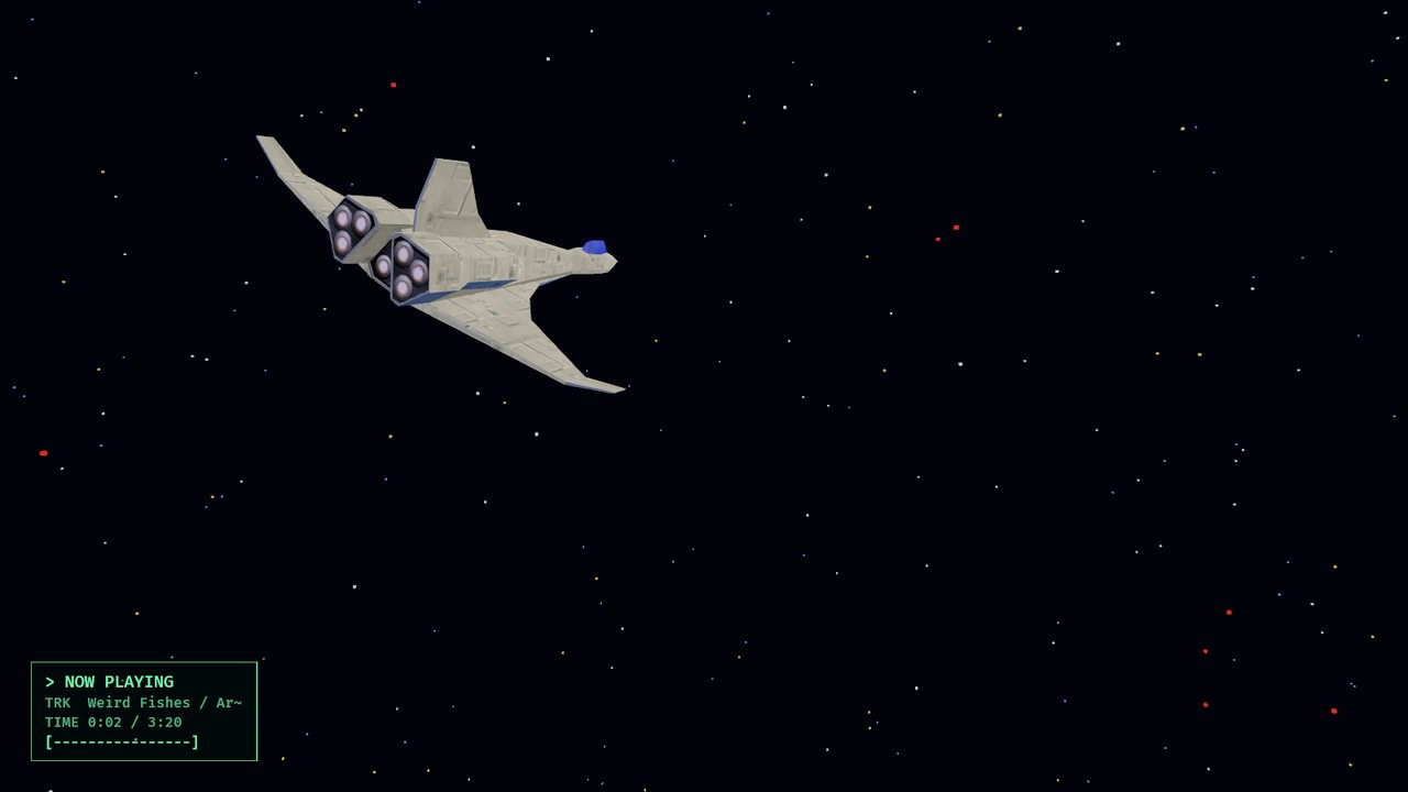 A grey spaceship banking through a starfield, with a small green phosphor terminal in the bottom-left corner reading NOW PLAYING, the track name, and an ASCII progress bar.