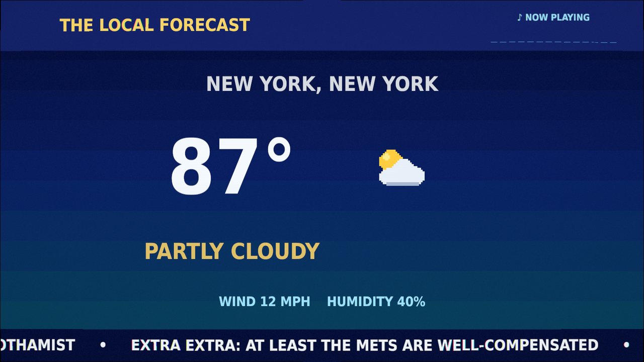 A weather board styled like a 1990s cable weather channel: THE LOCAL FORECAST header, NEW YORK NEW YORK, 87 degrees, PARTLY CLOUDY, wind and humidity, and a news crawl along the bottom.